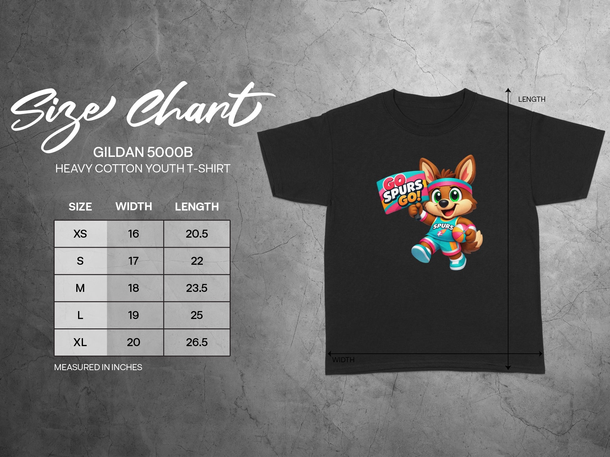Gildan 5000B heavy cotton youth t-shirt size chart with width and length measurements.