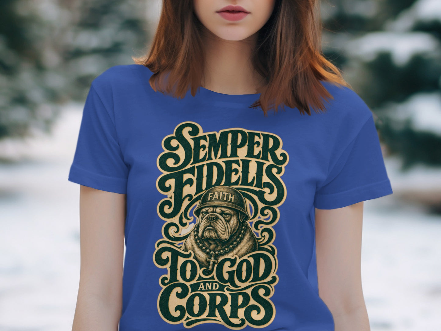 Bulldog in helmet with "Semper Fidelis to God and Corps" text.