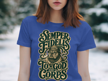 Bulldog in helmet with "Semper Fidelis to God and Corps" text.