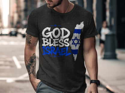 Dark t-shirt with "GOD BLESS ISRAEL" text and Israel's map outline filled with its flag.