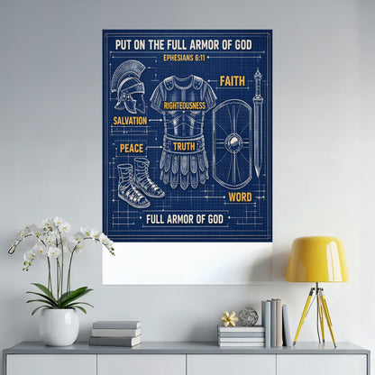 Blueprint diagram of the Full Armor of God with text labels for each piece and scripture reference.