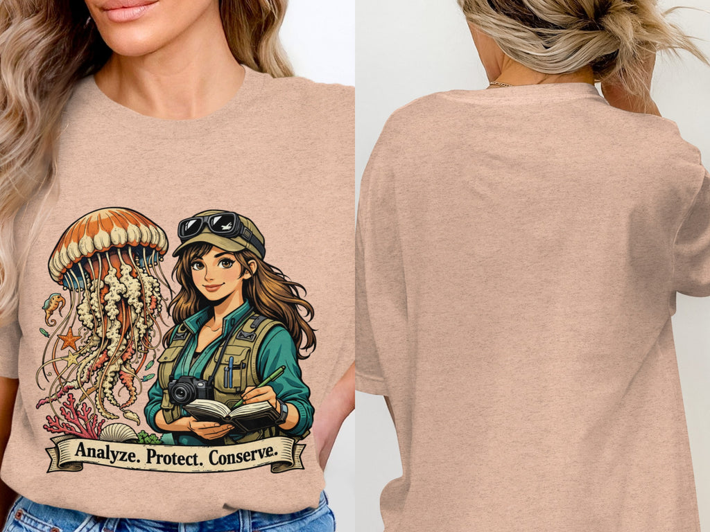 T-shirt with cartoon art of woman and jellyfish, text reads Analyze. Protect. Conserve.