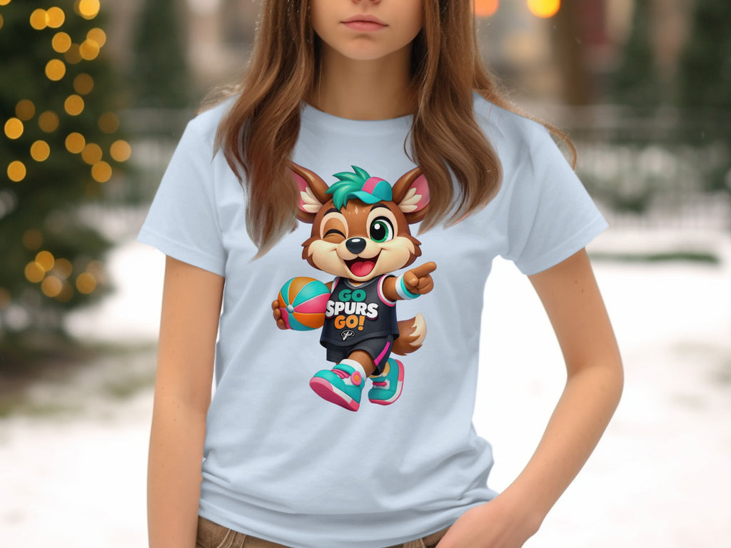 Cartoon fox mascot wearing a Spurs jersey holds a basketball.