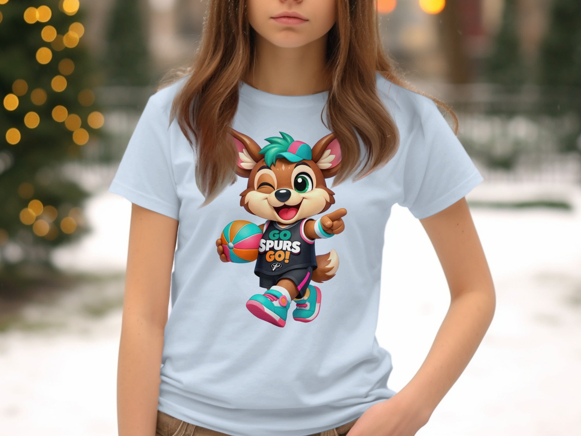 Cartoon fox mascot wearing a Spurs jersey holds a basketball.