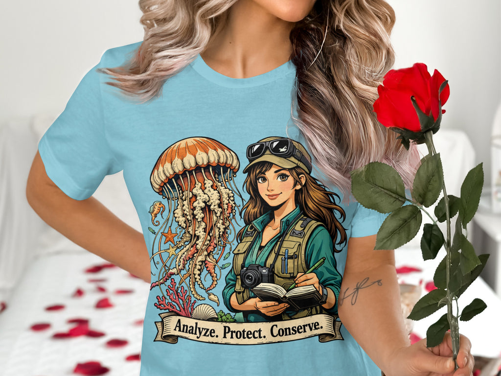 T-shirt graphic with woman, jellyfish, coral, and text "Analyze. Protect. Conserve."