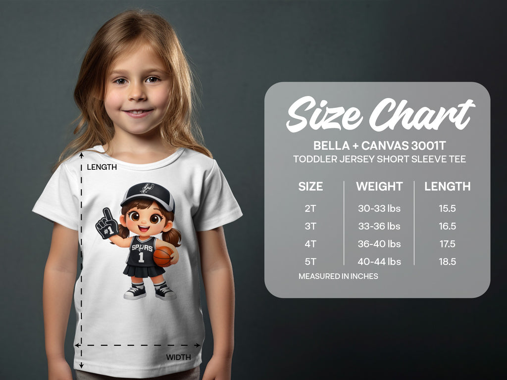 Toddler size chart for Bella + Canvas 3001T tee with length and width indicators.