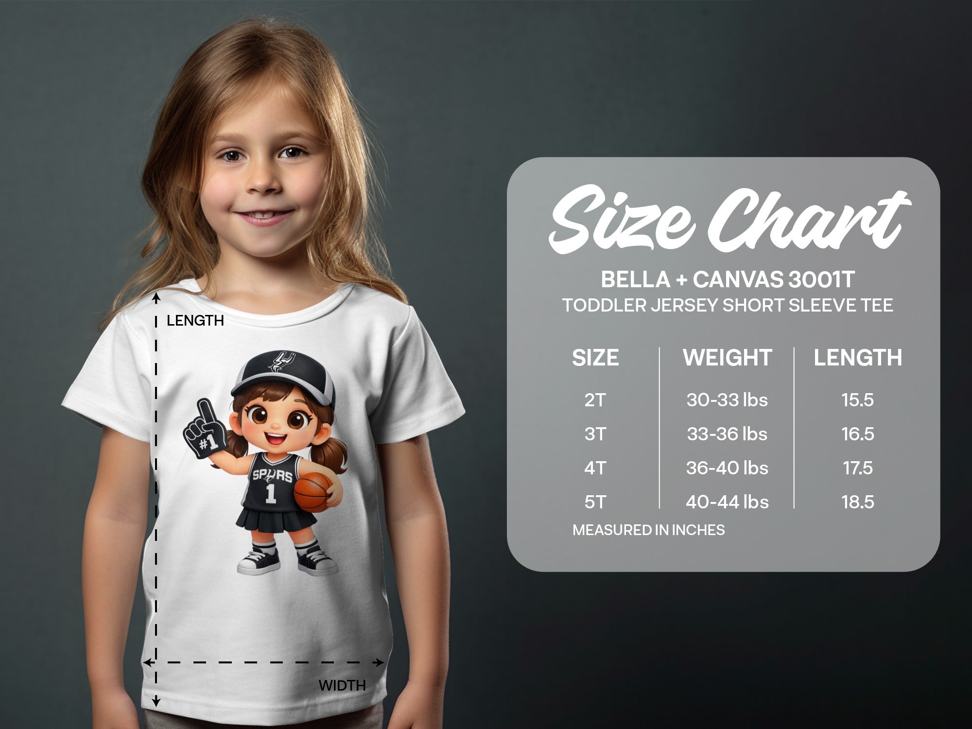 Toddler size chart for Bella + Canvas 3001T tee with length and width indicators.