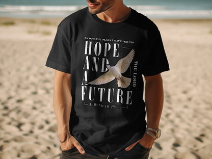 Black t-shirt with "Hope and a Future, Jeremiah 29:11" and a dove.