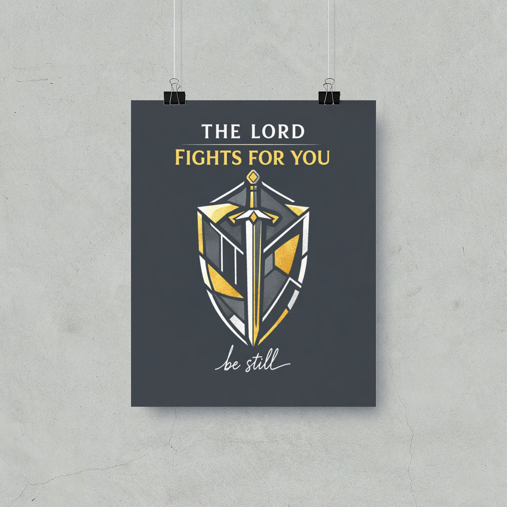 Poster with text "The Lord Fights For You" above a sword and shield design.