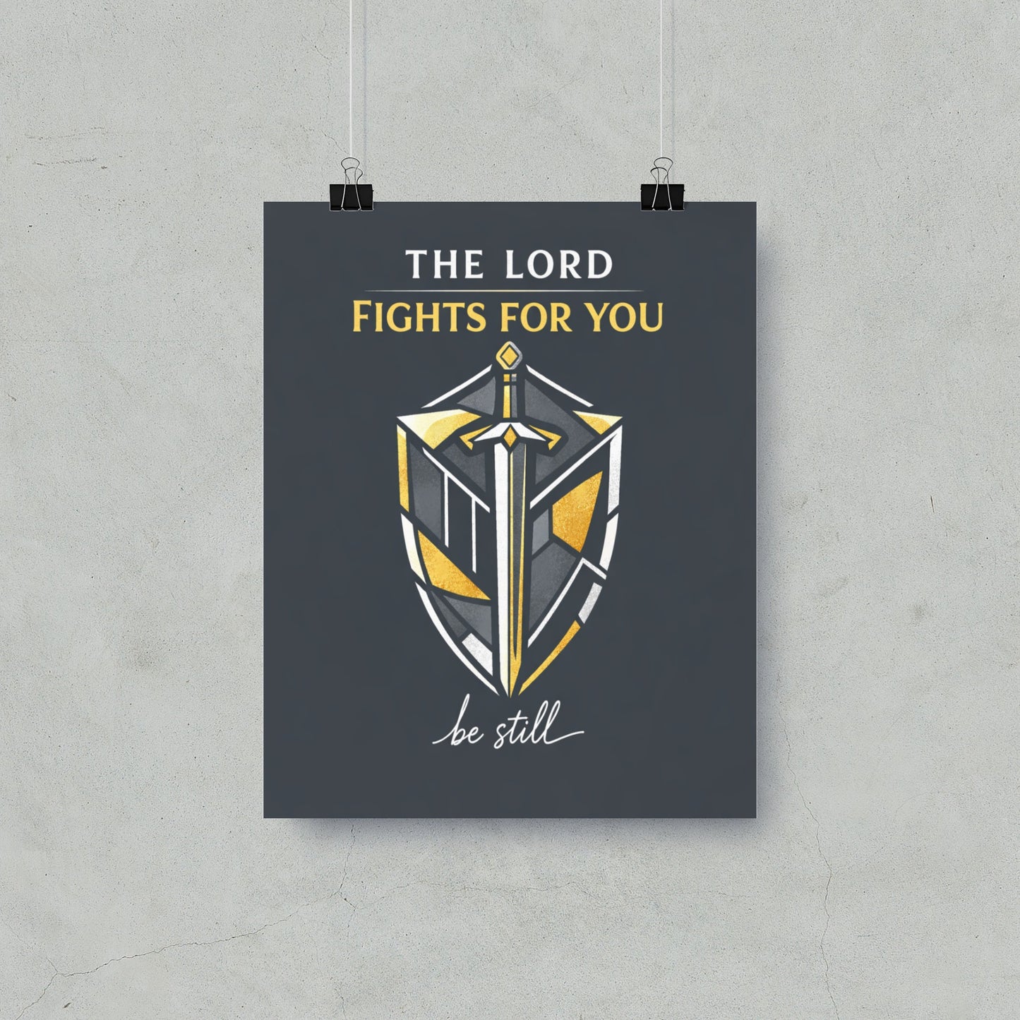 Poster with text "The Lord Fights For You" above a sword and shield design.