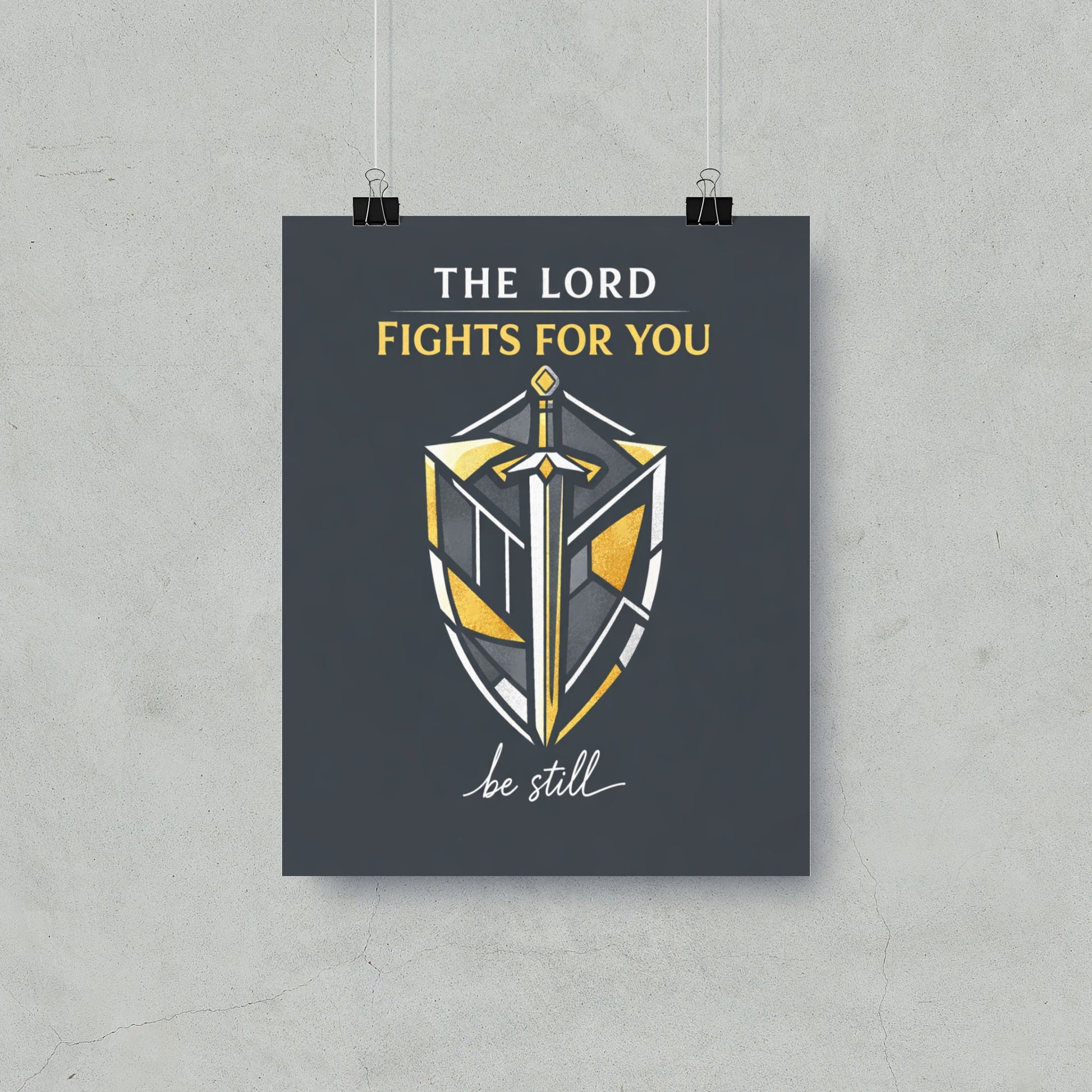 Poster with text "The Lord Fights For You" above a sword and shield design.