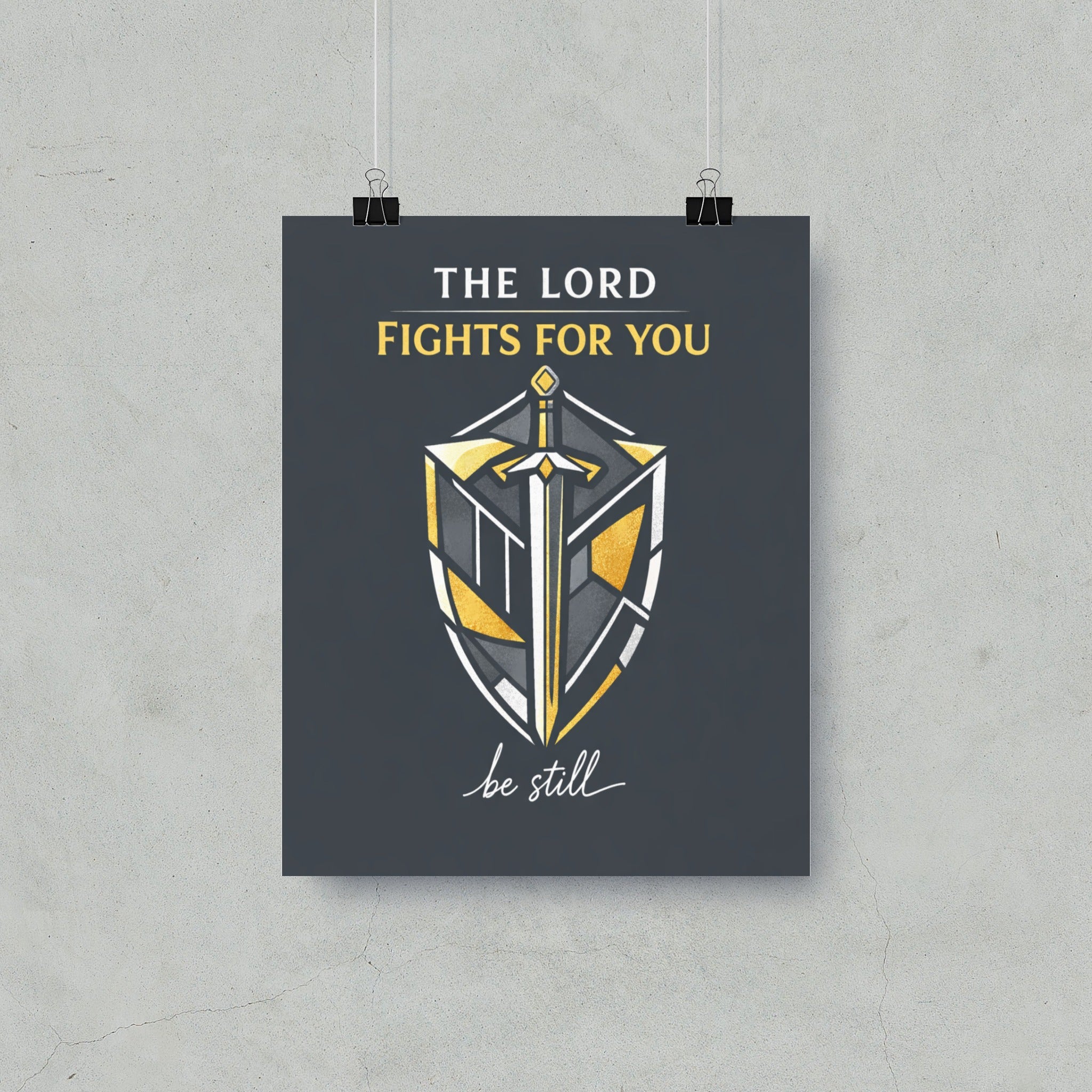 Poster with text "The Lord Fights For You" above a sword and shield design.