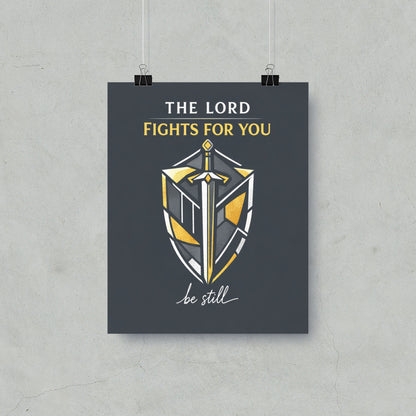 Poster with text "The Lord Fights For You" above a sword and shield design.
