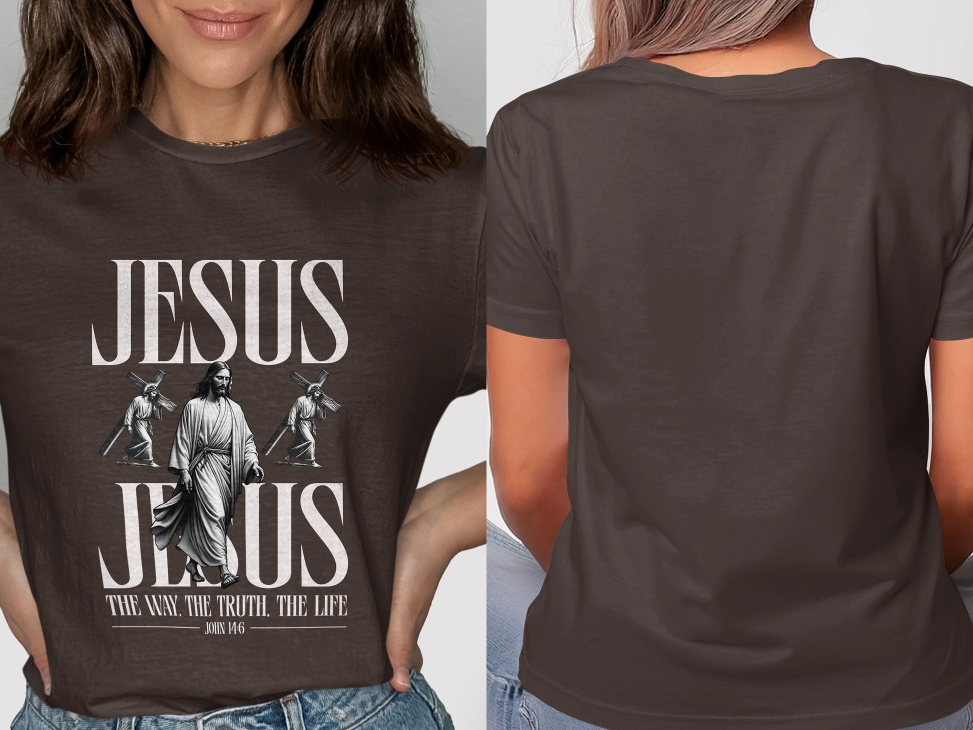 Brown t-shirt featuring "Jesus," Jesus carrying a cross, and "The Way, The Truth, The Life."