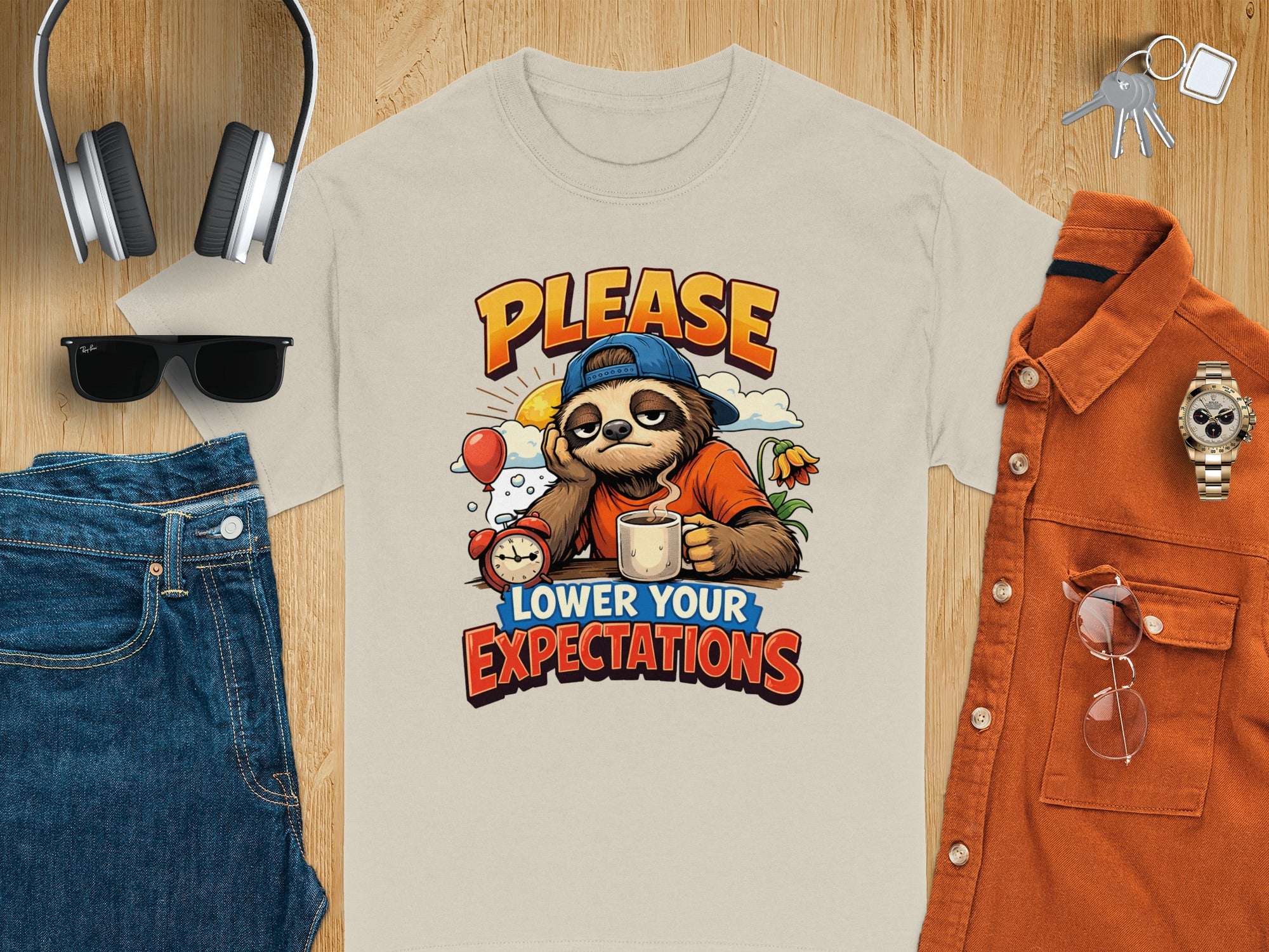 T-shirt with sloth graphic and text "PLEASE LOWER YOUR EXPECTATIONS".