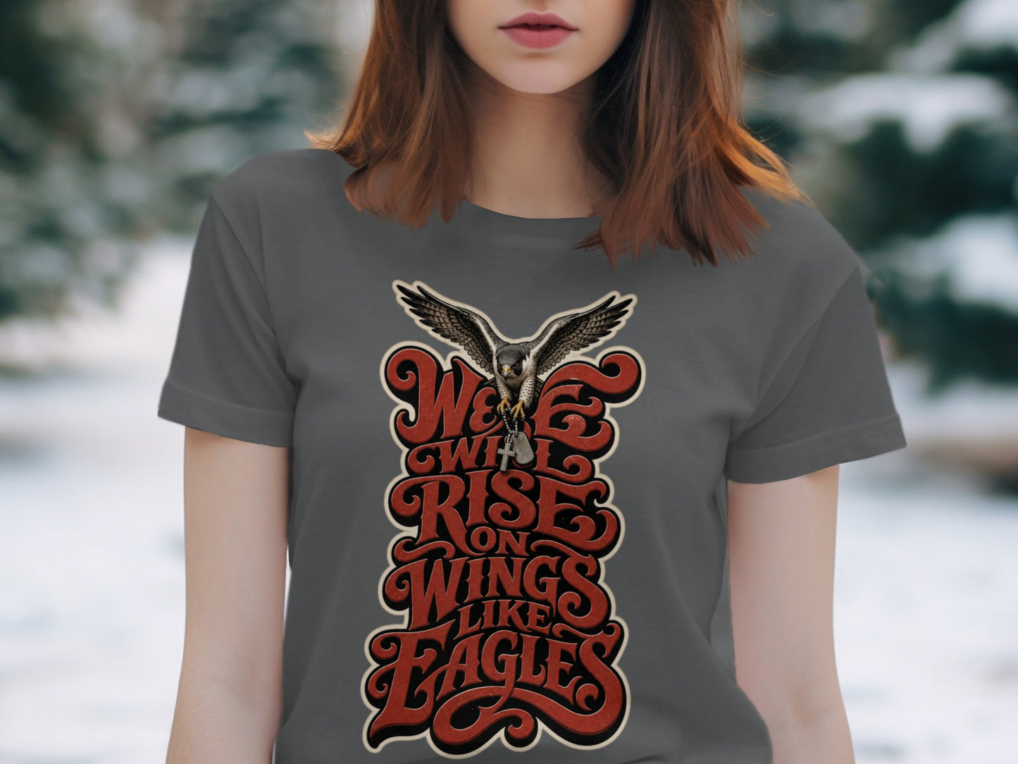 Dark grey t-shirt with an eagle and the text "We Will Rise on Wings Like Eagles".