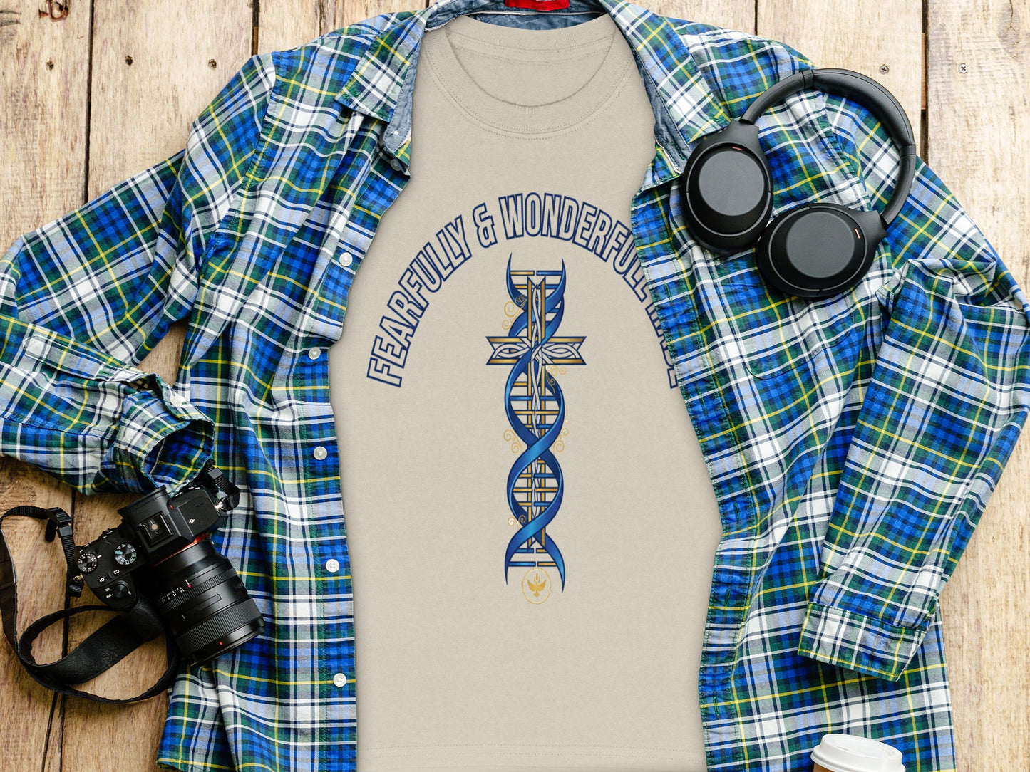 Tan t-shirt with a blue and gold DNA cross and "FEARFULLY & WONDERFULLY" text.