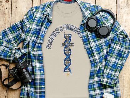 Tan t-shirt with a blue and gold DNA cross and "FEARFULLY & WONDERFULLY" text.