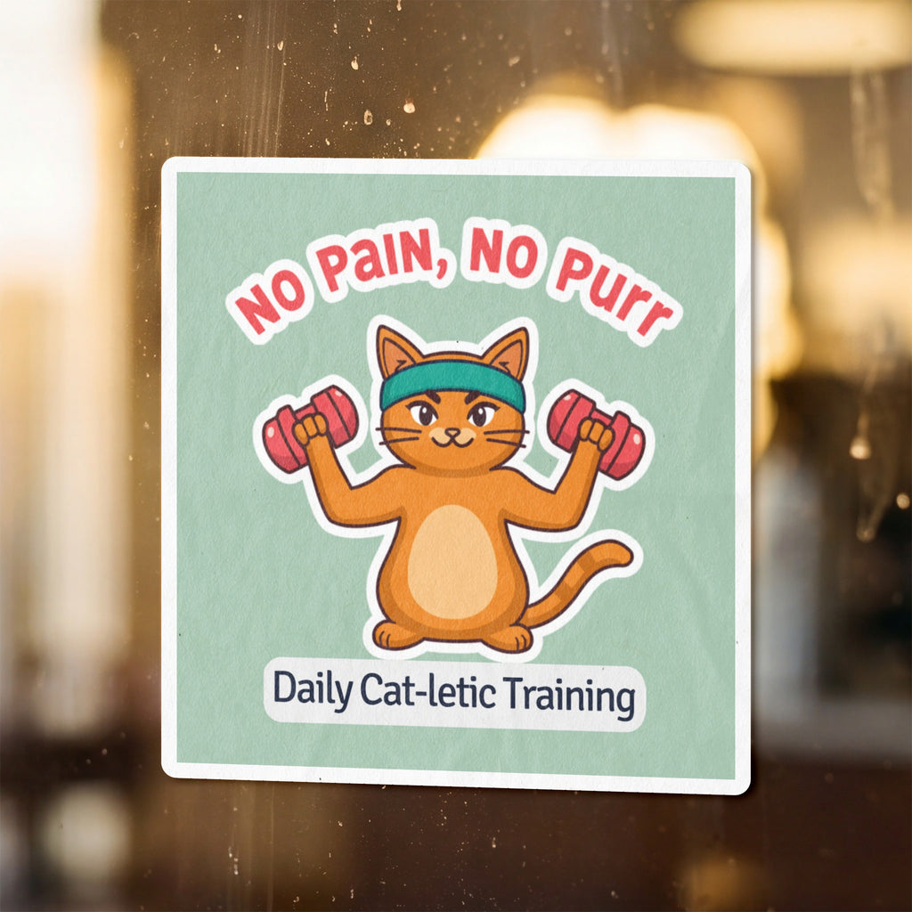 Orange cat wearing headband lifts dumbbells, says "No Pain, No Purr", "Daily Cat-letic Training".