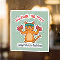 Orange cat wearing headband lifts dumbbells, says "No Pain, No Purr", "Daily Cat-letic Training".