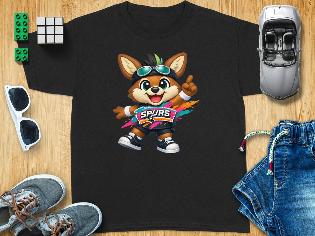 Black t-shirt with Spurs logo featuring a cartoon coyote in goggles.