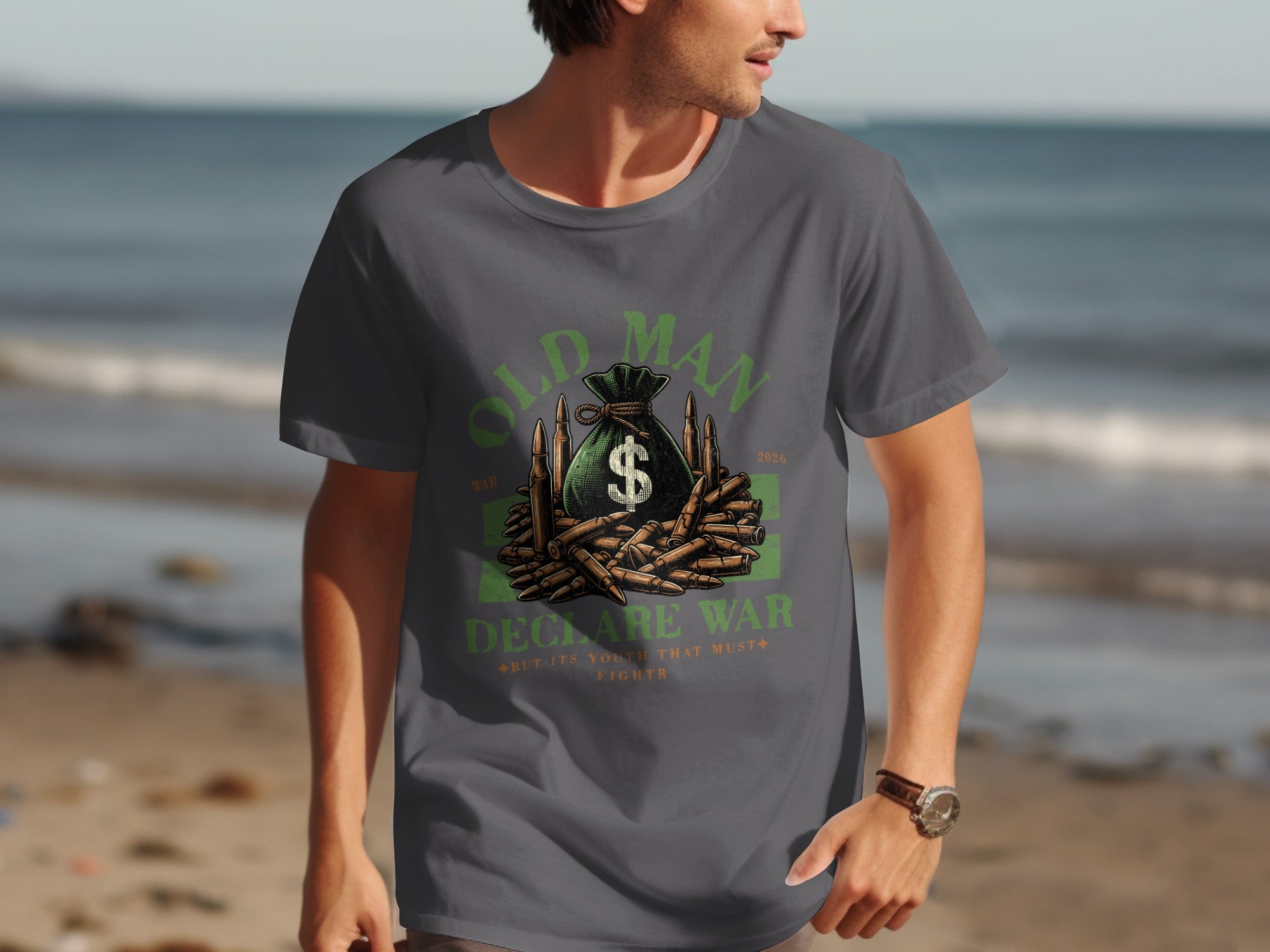 T-shirt with "Old Man Declare War" text, money bag, and bullets graphic.