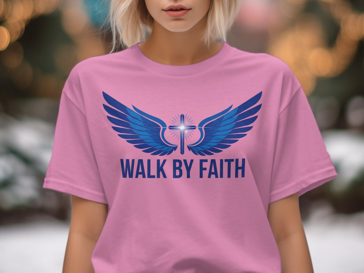 Pink t-shirt with blue wings and cross graphic, reading "WALK BY FAITH".