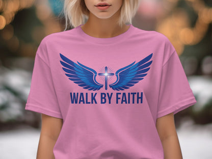 Pink t-shirt with blue wings and cross graphic, reading "WALK BY FAITH".