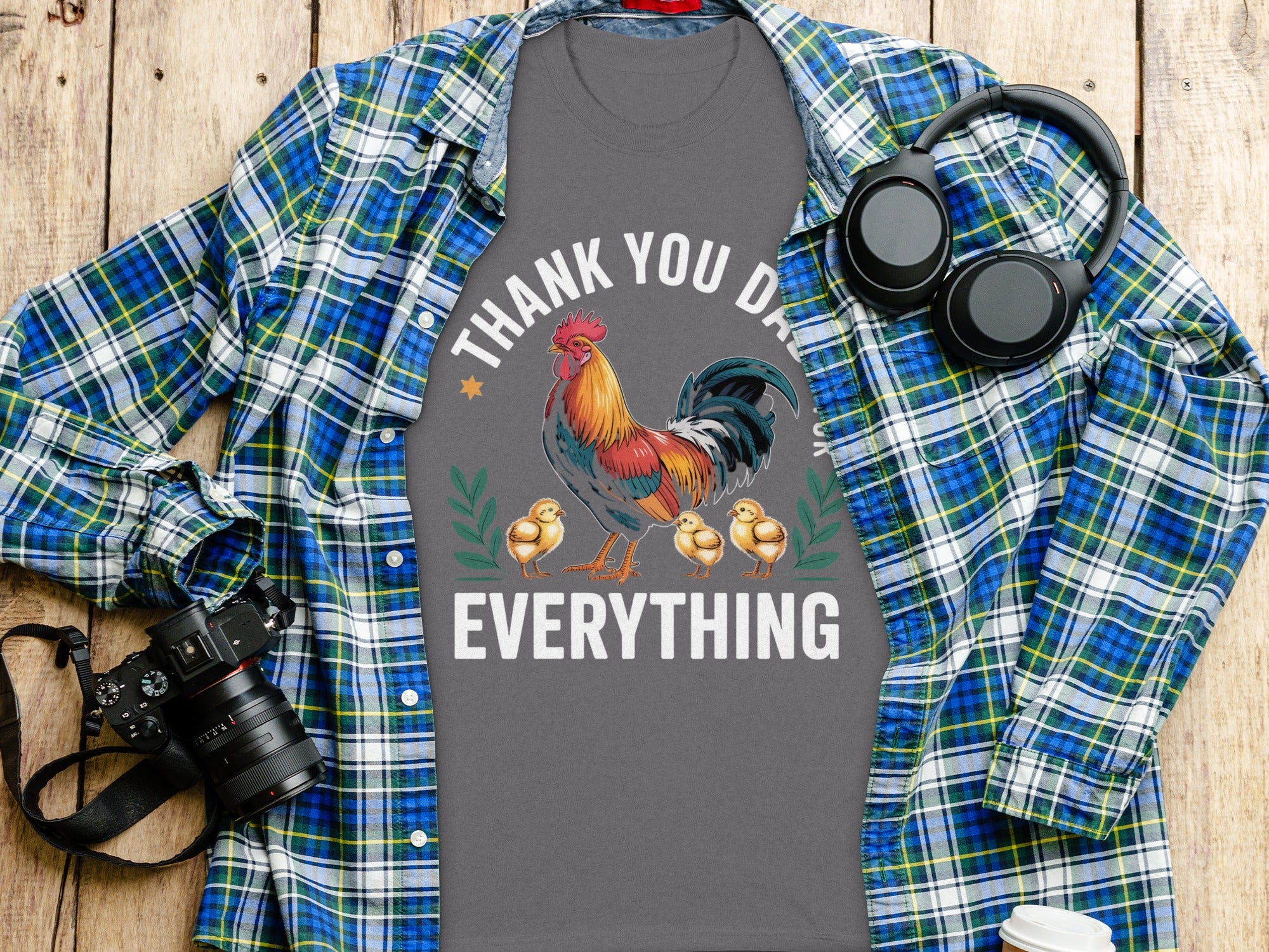 Gray t-shirt with rooster and chicks art saying "Thank you Dad for everything."
