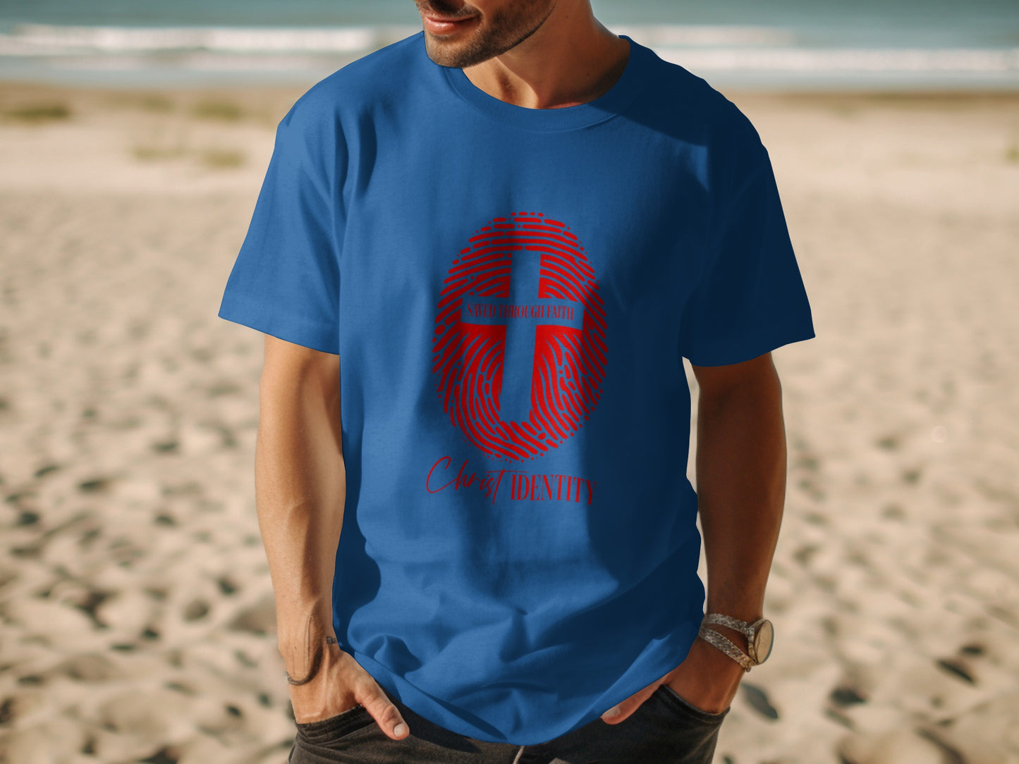 Blue t-shirt with red fingerprint graphic, cross, and "CHRIST IDENTITY" text.