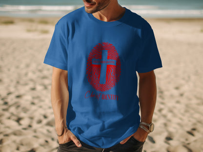 Blue t-shirt with red fingerprint graphic, cross, and "CHRIST IDENTITY" text.