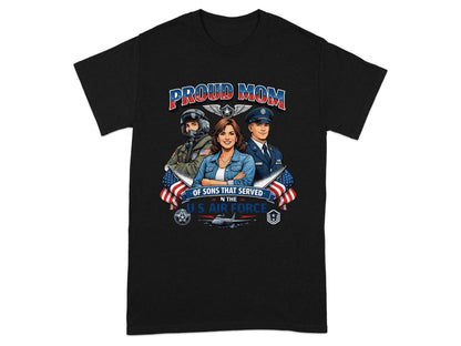 Proud mom of sons that served in the U.S. Air Force graphic on black t-shirt.
