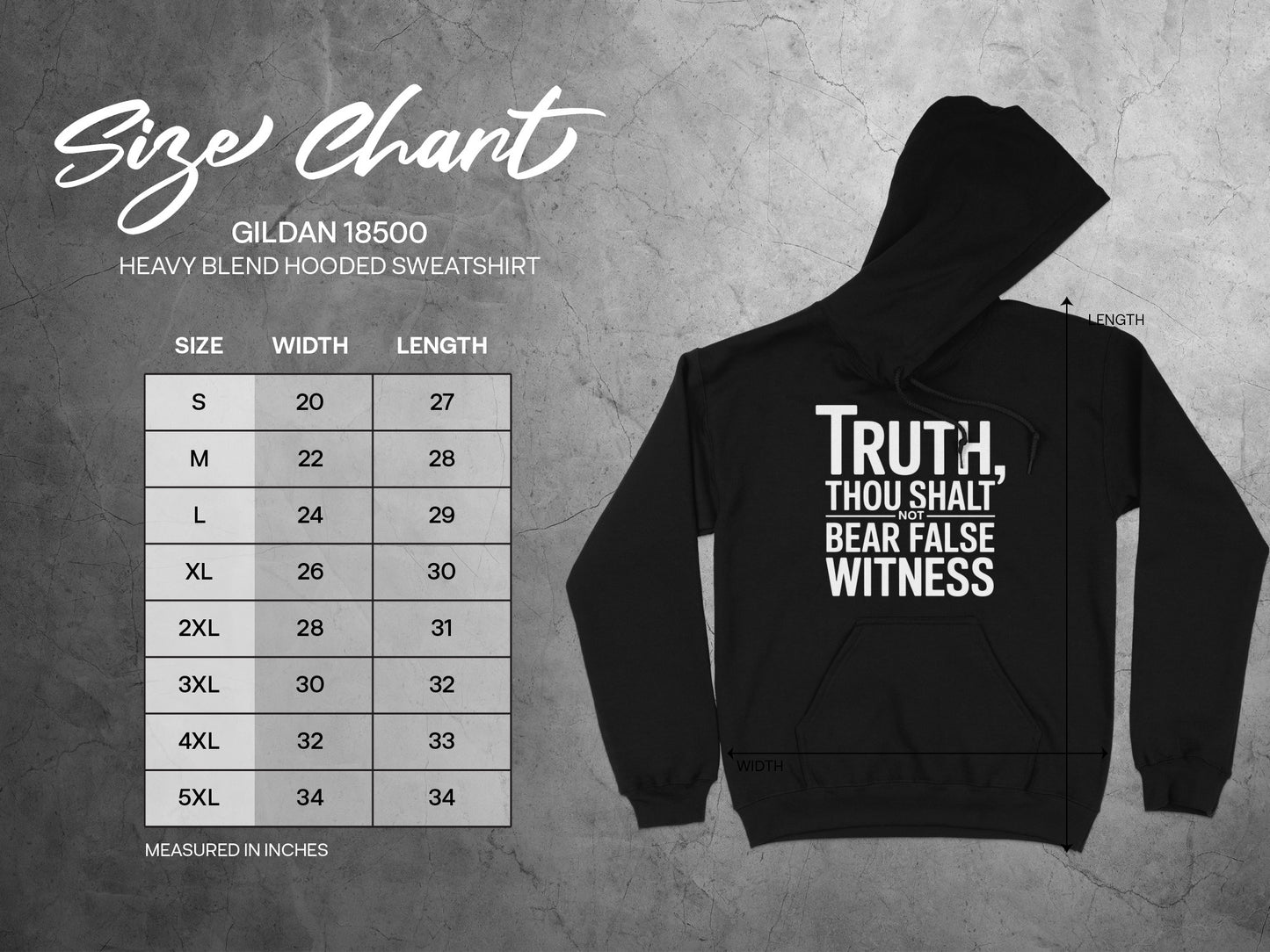 Gildan 18500 size chart for heavy blend hooded sweatshirt with text.