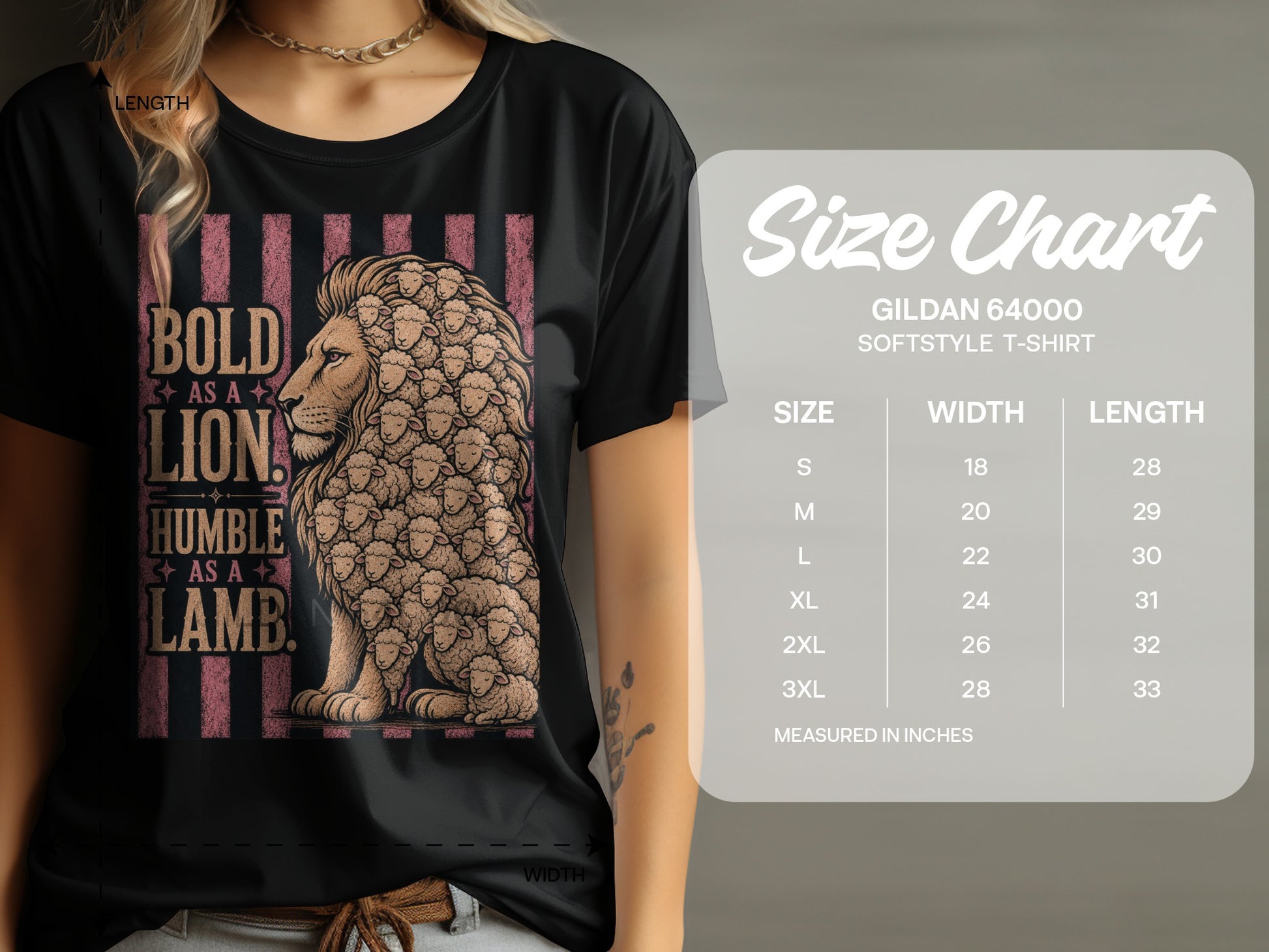 Black t-shirt with lion made of sheep and text "Bold as a Lion, Humble as a Lamb."