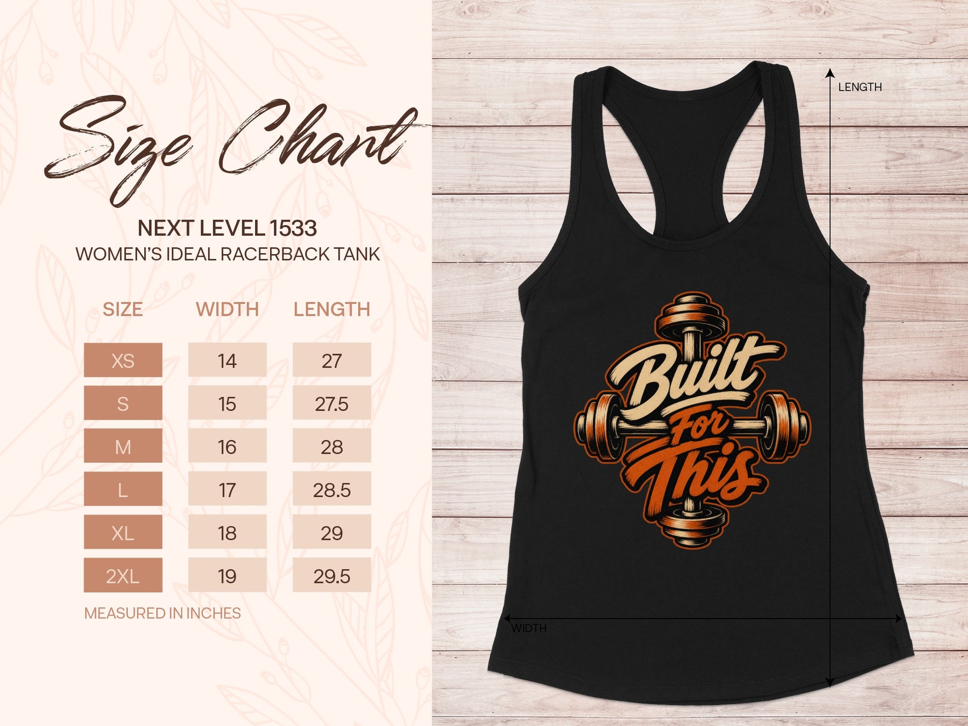 Black tank top with "Built For This" graphic and size chart.