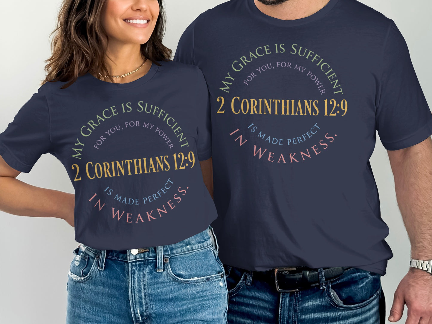 Navy shirts with text "My grace is sufficient for you, for my power 2 Corinthians 12:9 is made perfect in weakness."