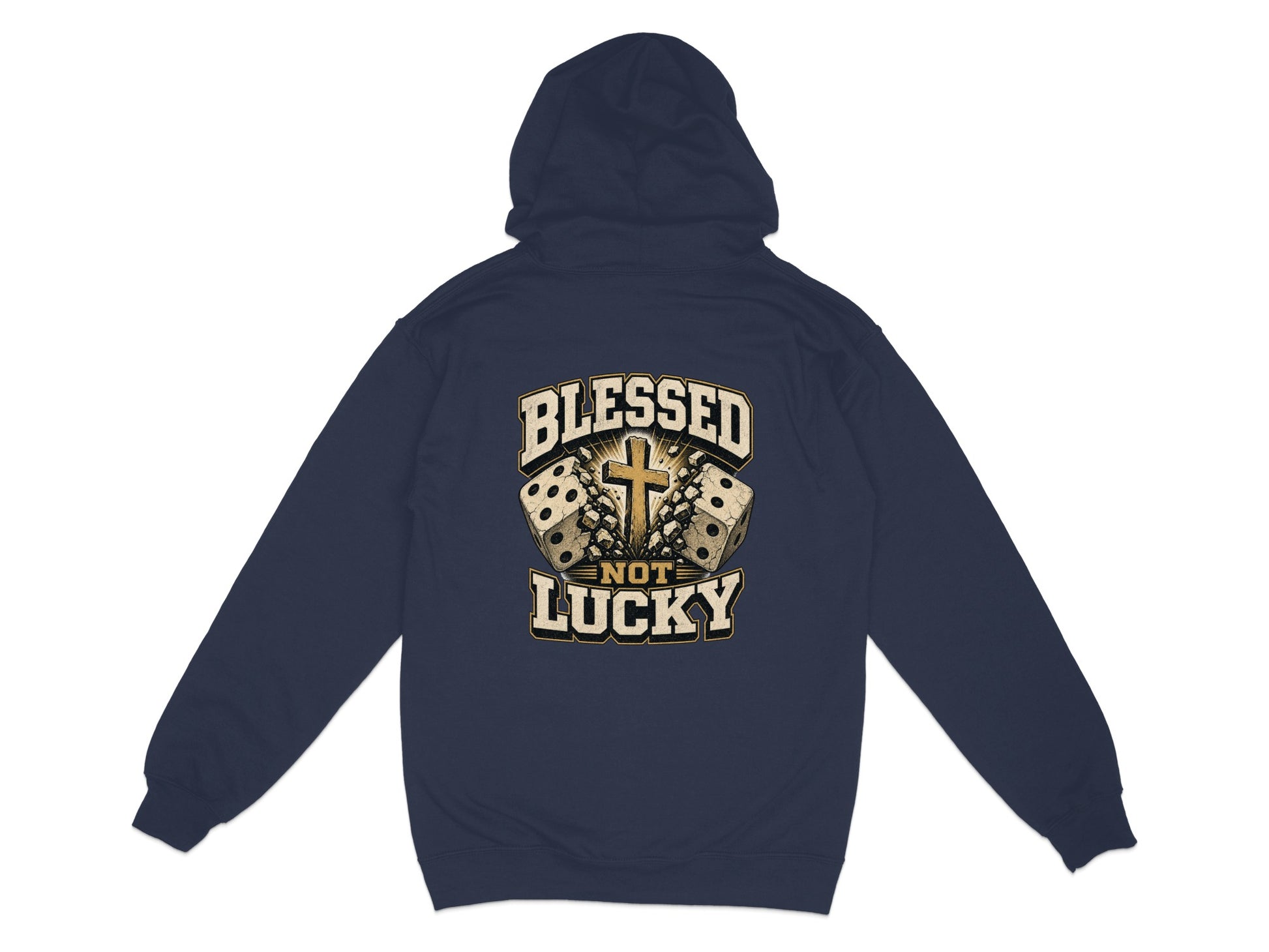 Dark navy hoodie with graphic featuring dice, a cross, and text "BLESSED NOT LUCKY."
