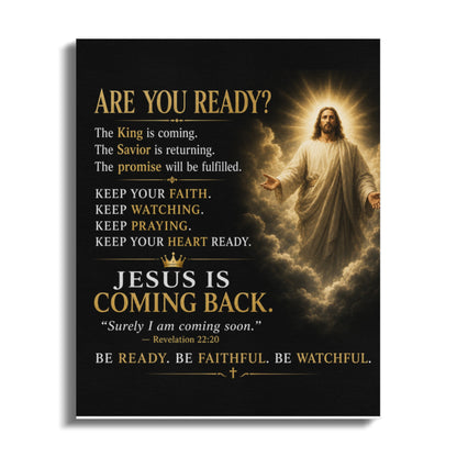 Jesus depicted in clouds with text about His return and readiness.