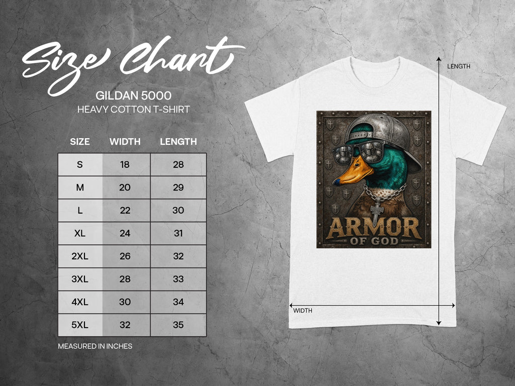 Gildan 5000 size chart with a white t-shirt depicting a duck in sunglasses and hat.