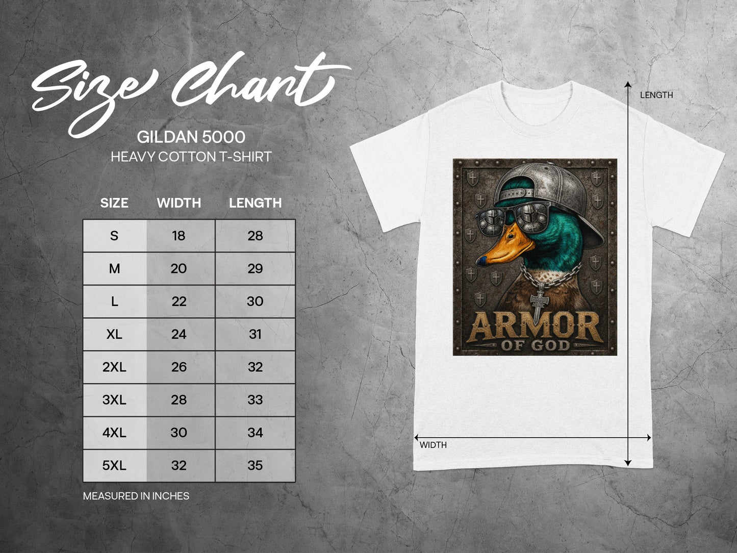 Gildan 5000 size chart with a white t-shirt depicting a duck in sunglasses and hat.