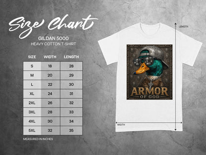 Gildan 5000 size chart with a white t-shirt depicting a duck in sunglasses and hat.