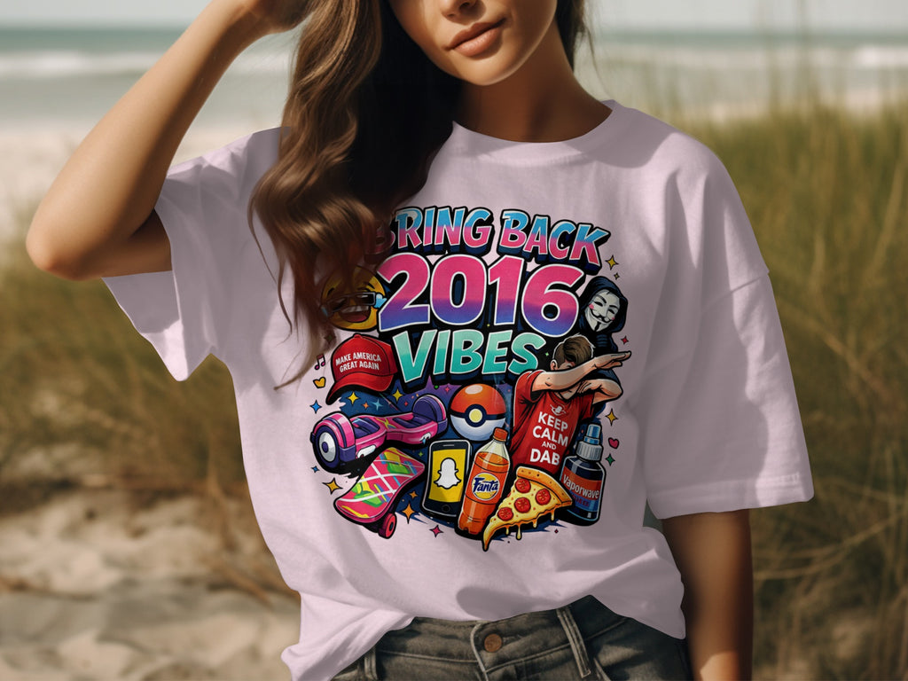 T-shirt with "Bring Back 2016 Vibes" and pop culture icons from that year.