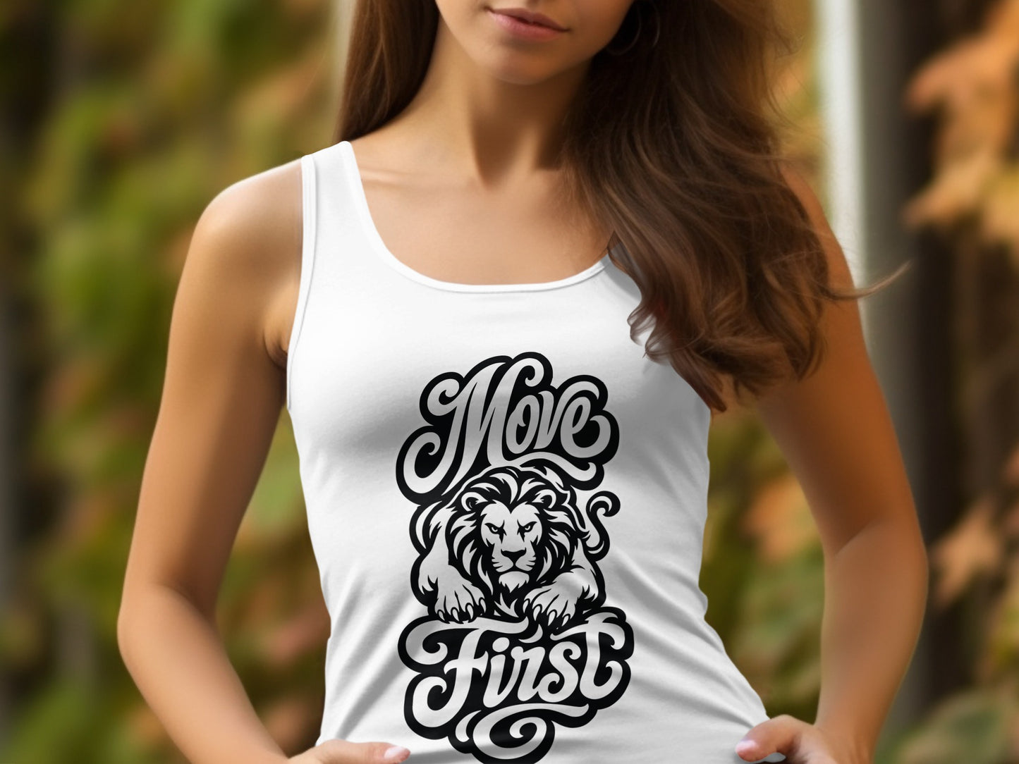 White tank top with black lion graphic and "Move First" text.