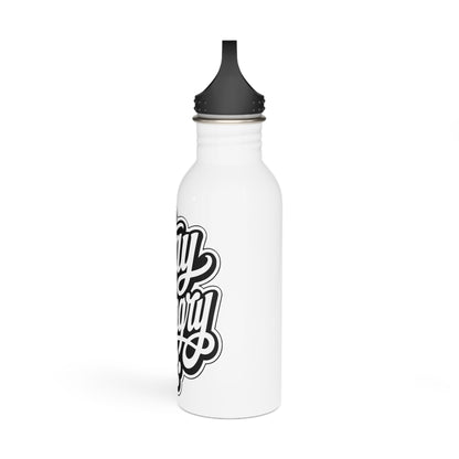 White water bottle with black lid and black "Buy More Scary" text design.