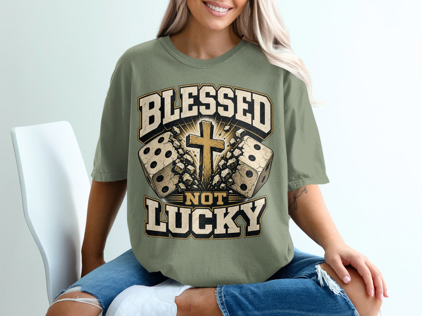 T-shirt with "Blessed Not Lucky" text, cross, and dice graphic.