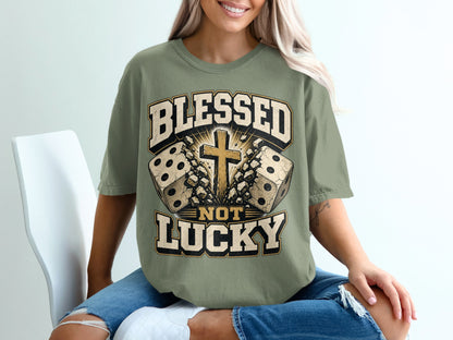 T-shirt with "Blessed Not Lucky" text, cross, and dice graphic.