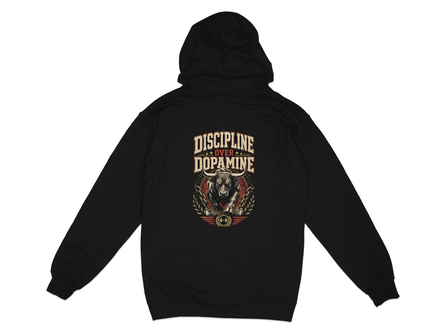 Black hoodie with "DISCIPLINE OVER DOPAMINE" text and a bull graphic.