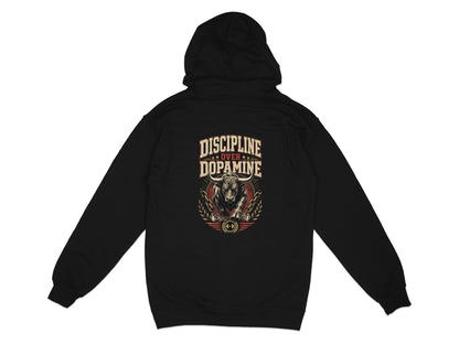 Black hoodie with "DISCIPLINE OVER DOPAMINE" text and a bull graphic.