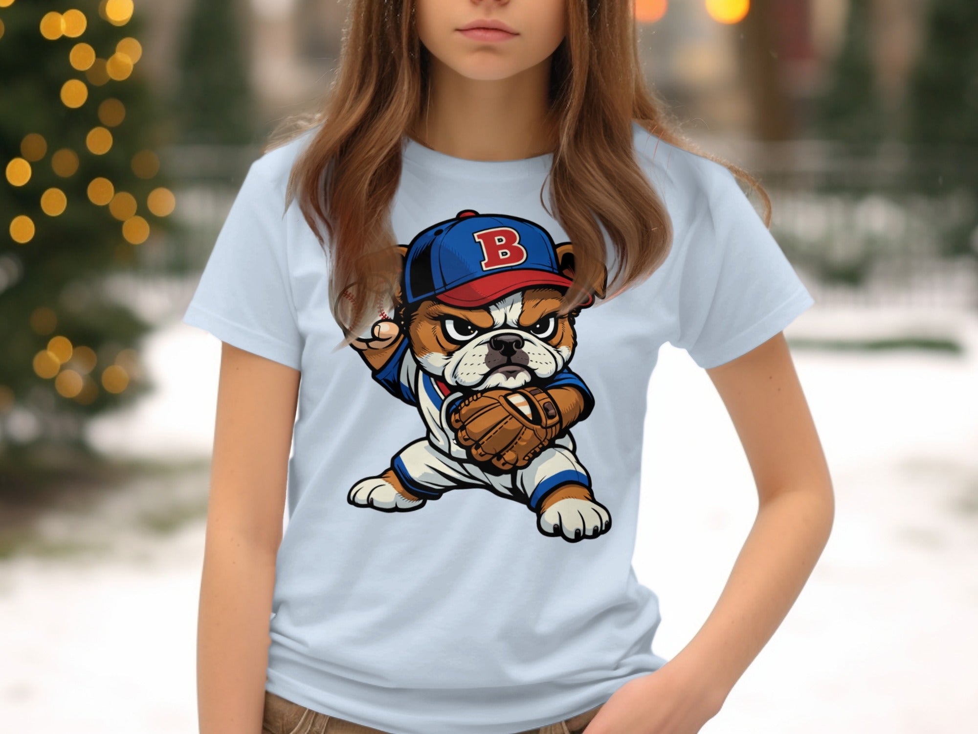 Bulldog baseball player illustration on a light blue t-shirt with blue and red cap.