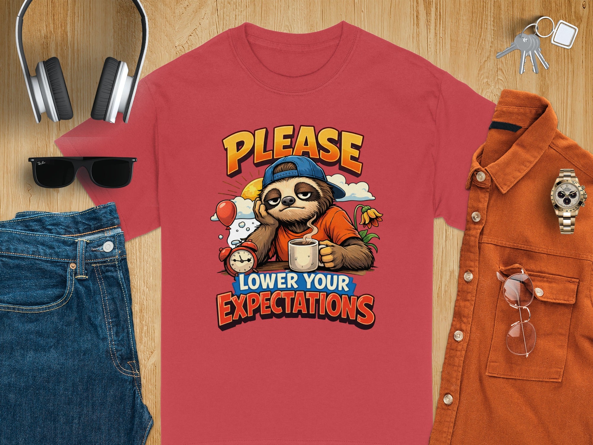 T-shirt with sloth graphic and text: "Please lower your expectations."
